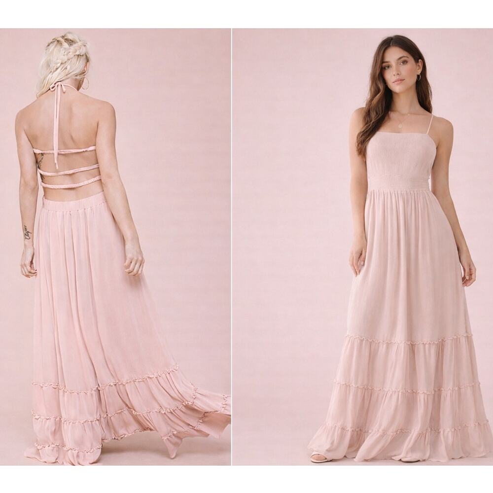 MABEL CORA SMOCKED OPEN BACK MAXI BOHO COTTAGE COASTAL DRESS DUSTY ROSE SMALL